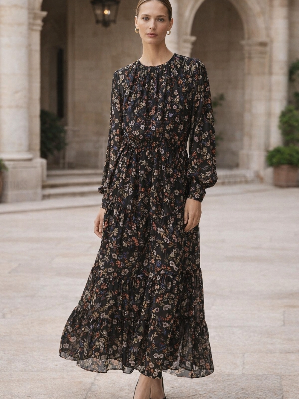 Massimo Dutti Silk-Feel Floral Maxi Dress – Effortless Luxury – Size M🖤